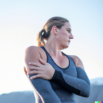 female athlete showing pain with frozen shoulder while reaching up
