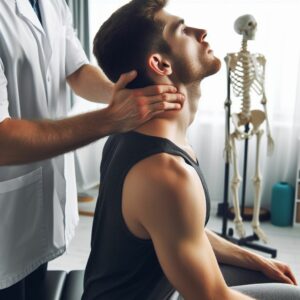Chiropractor assisting patient with neck exercises